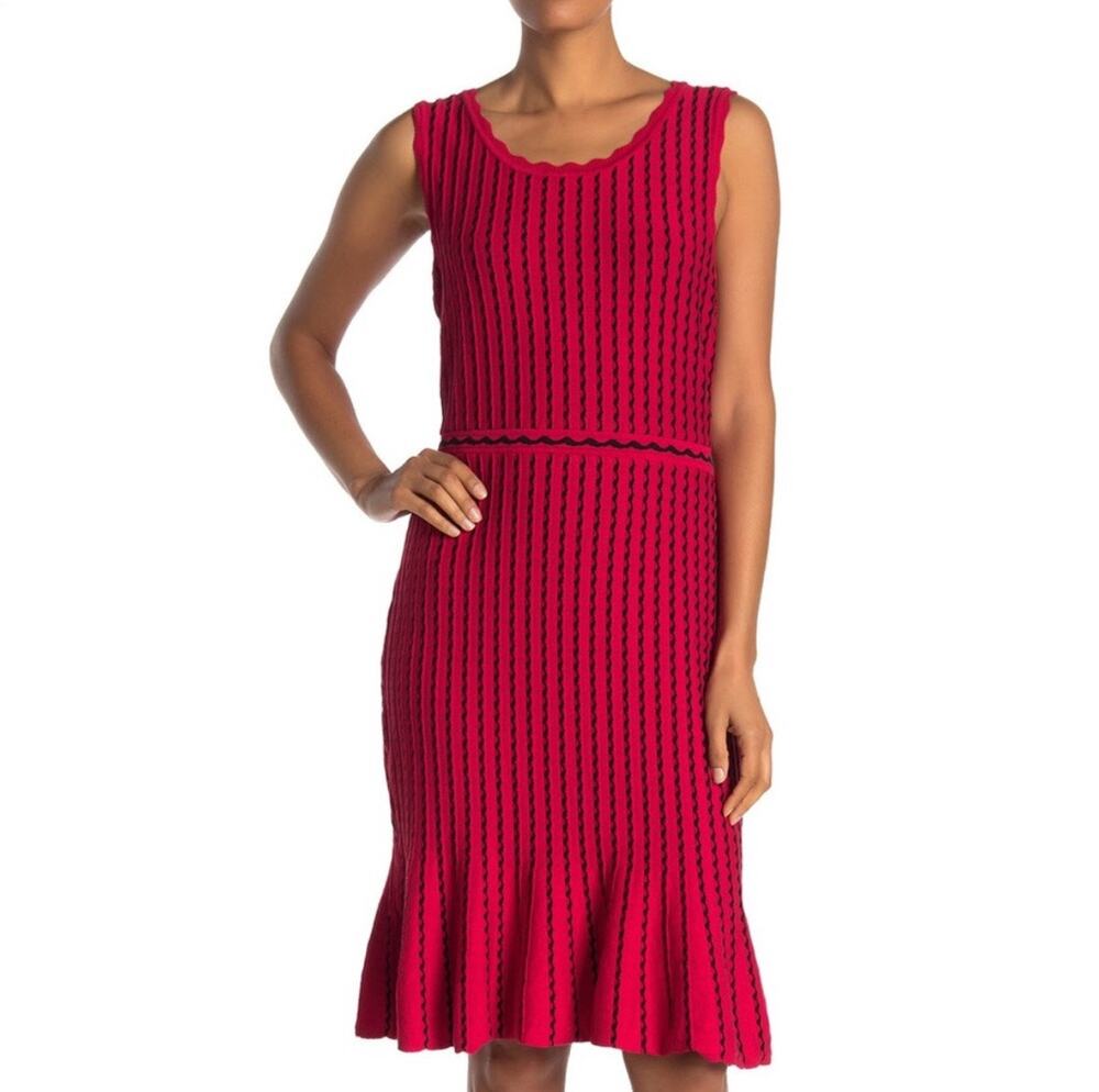Nina Leonard Striped Sleeveless Sweater Dress Tulip Hem Lightweight Red Black S